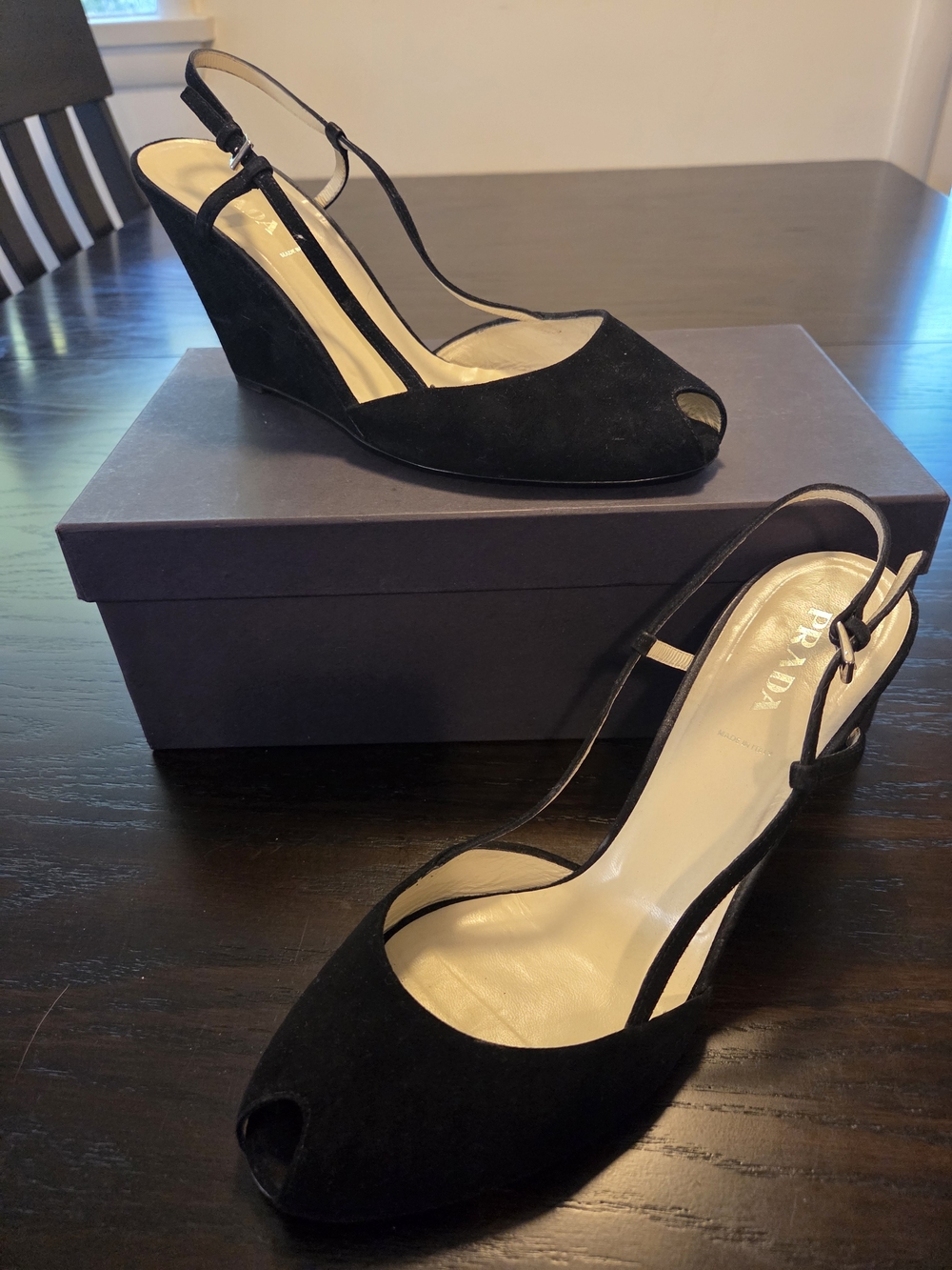 Prada Black Suede Peep-Toe Wedge Slingback Heels
